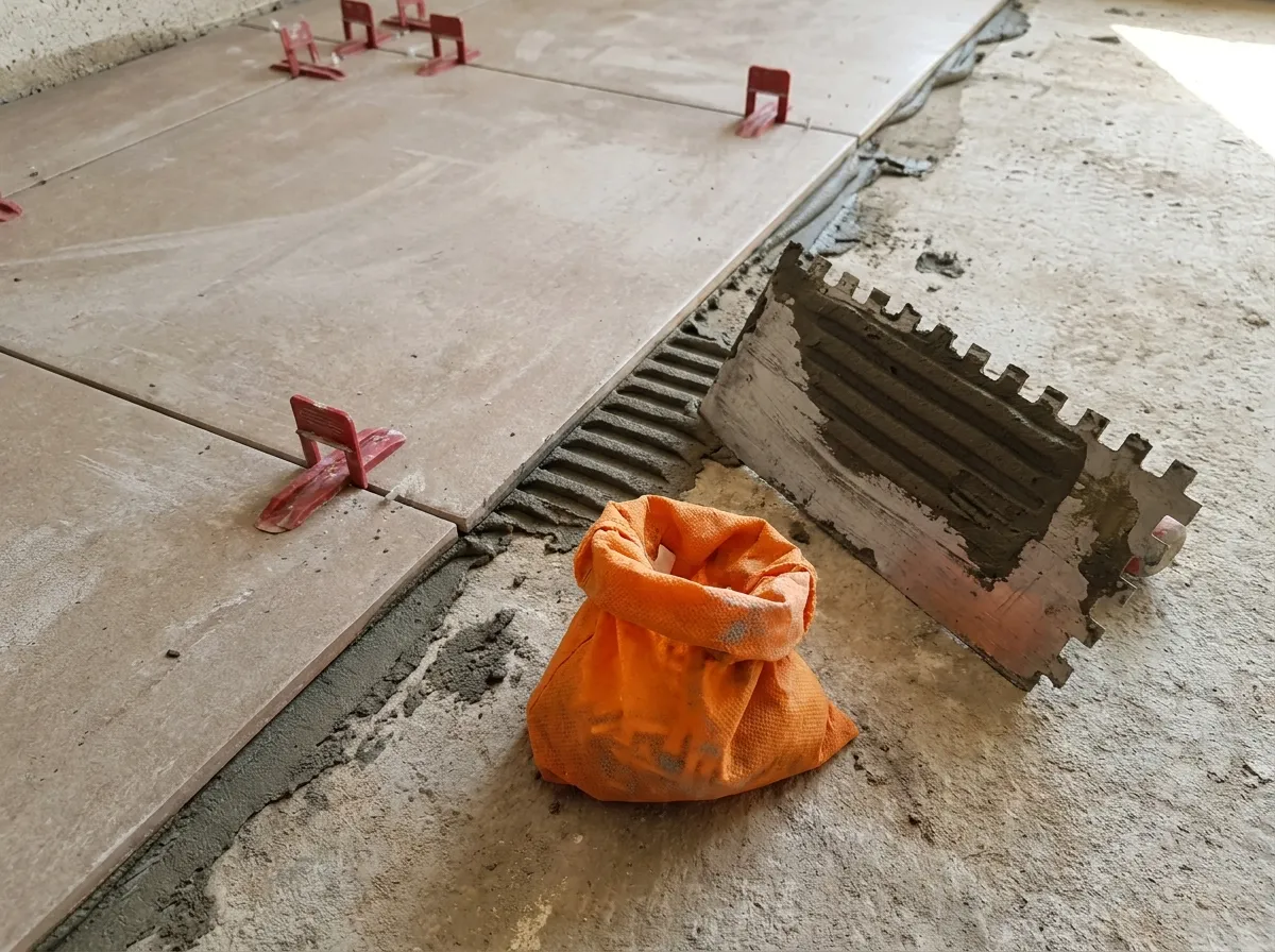 Großformatige Bodenfliesen auf Nivellierclips, Zahnkelle und Fugenkreuze