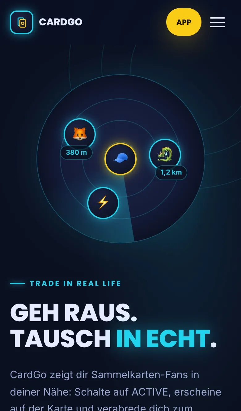 Startseite von cardgo.app auf dem Telefon