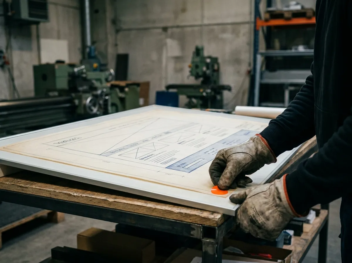 Ein Meister drückt die orange Prüfplakette auf den gerahmten Bauplan einer Website: Sinnbild für betreute Websites