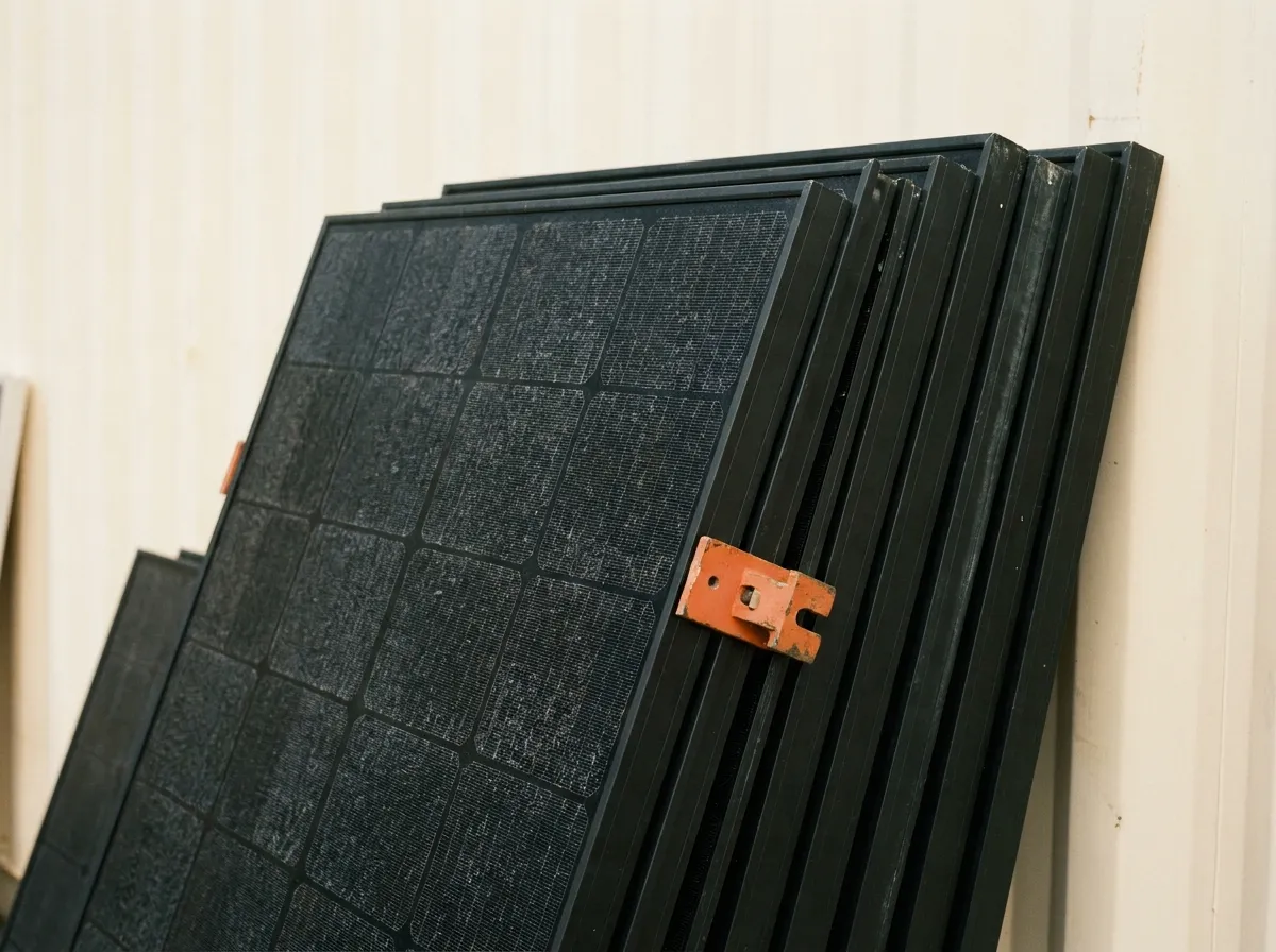 Gestapelte schwarze Solarmodule mit Montageklemme am Rahmen
