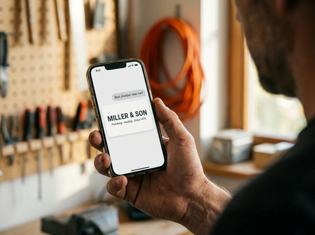 Smartphone mit KI-Chat, der einen Handwerksbetrieb empfiehlt