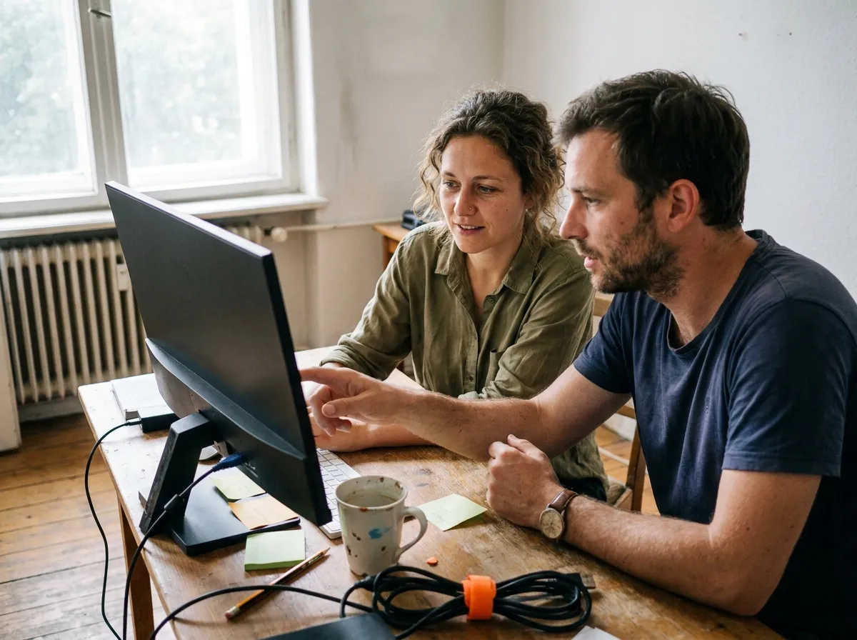 Zwei Webprofis arbeiten gemeinsam am Monitor in einem Altbau-Studio