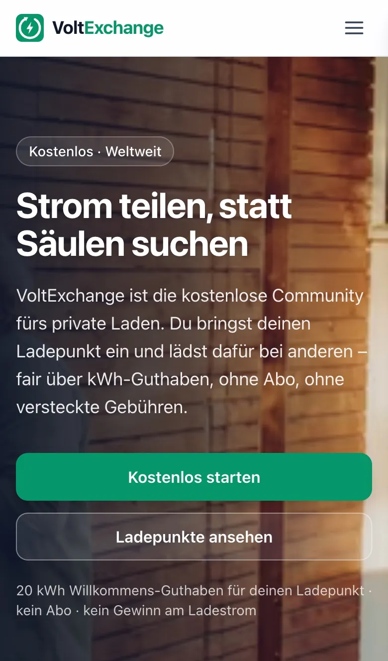 Startseite von voltexchange.app auf dem Telefon