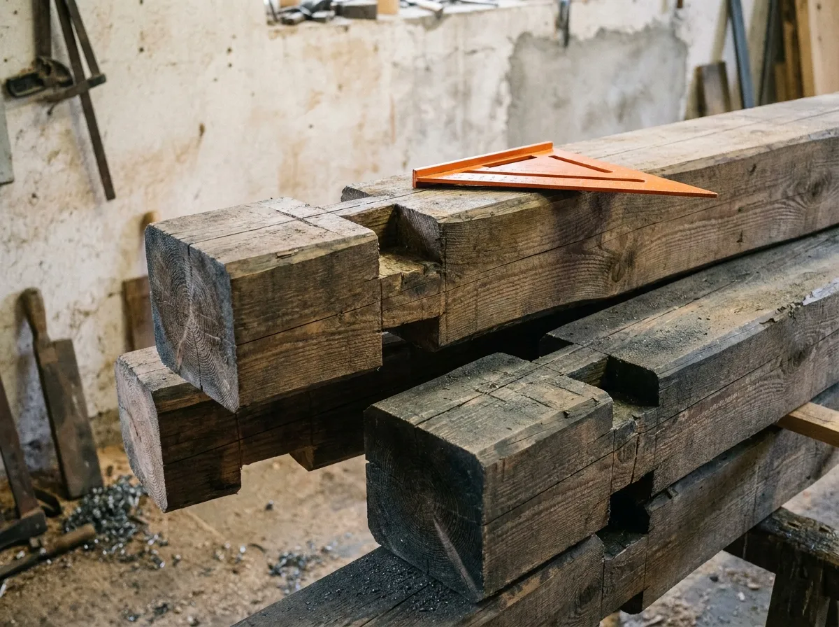 Schwere Holzbalken mit ausgearbeiteten Zapfenverbindungen und Zimmermannswinkel