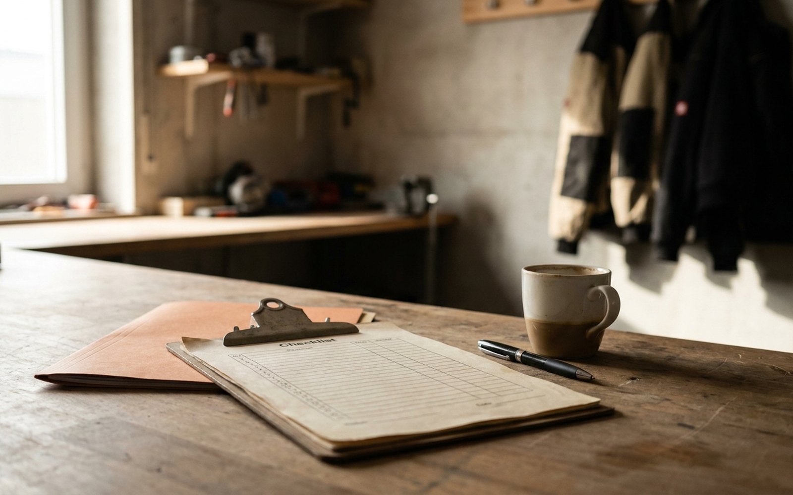 Klemmbrett mit einer Liste auf einem Schreibtisch, daneben ein Stift und eine orange Mappe