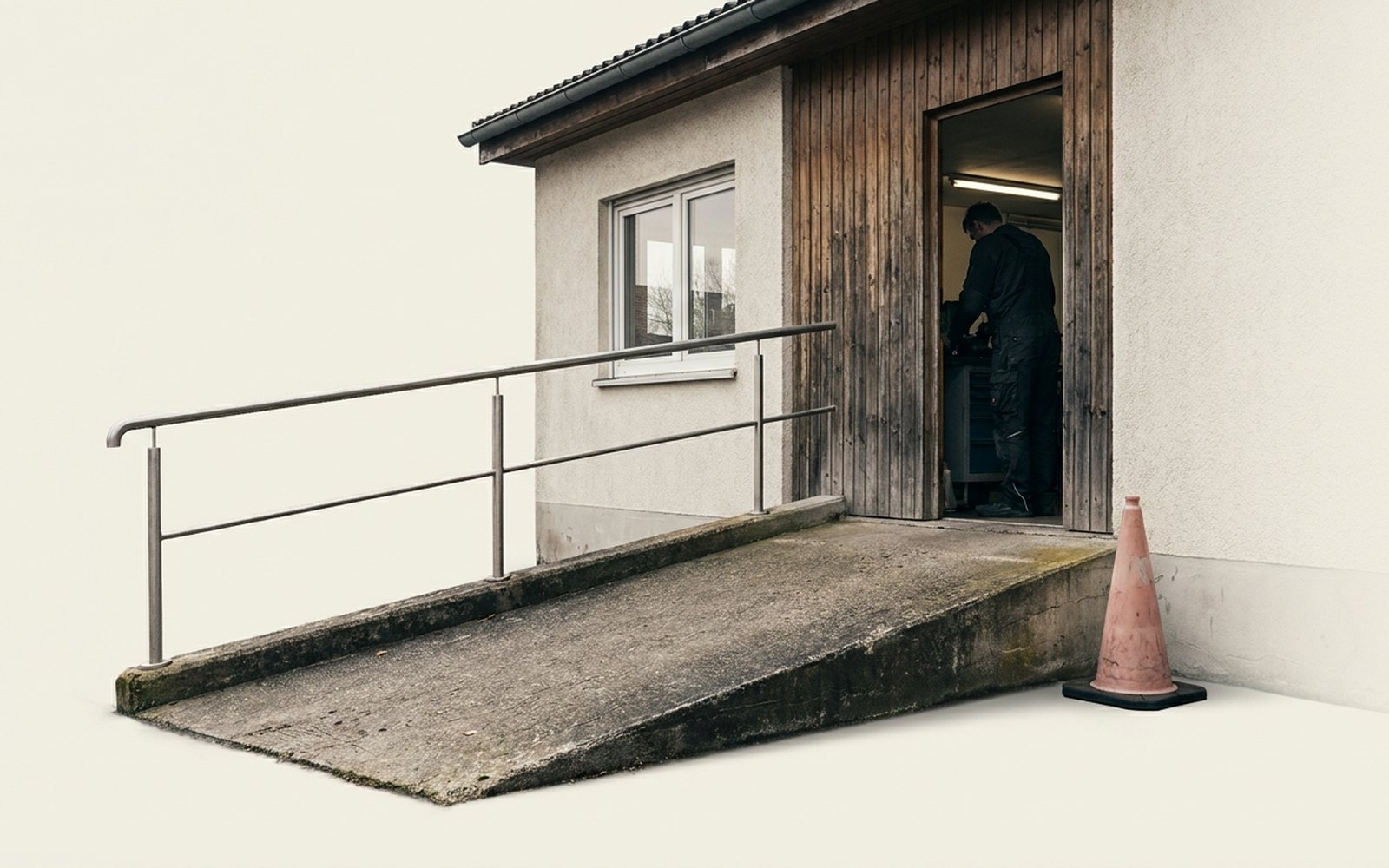 Betonrampe zum Seiteneingang einer Werkstatt mit Handlauf, daneben ein oranger Leitkegel