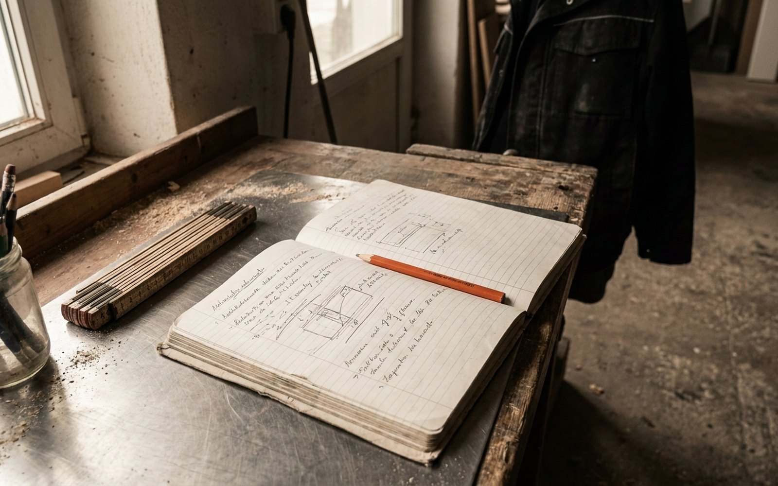 Aufgeschlagenes Notizbuch mit Handschrift auf einer Werkbank, daneben Zollstock und Stiftebecher