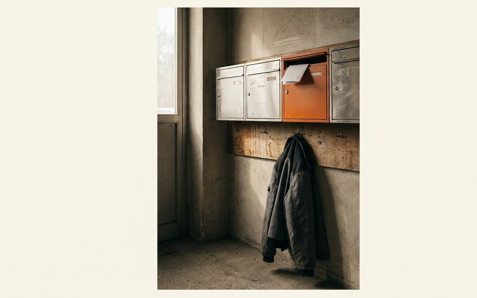 Reihe von Briefkästen an einem Gewerbebau, ein Fach steht offen, ein Kasten ist orange