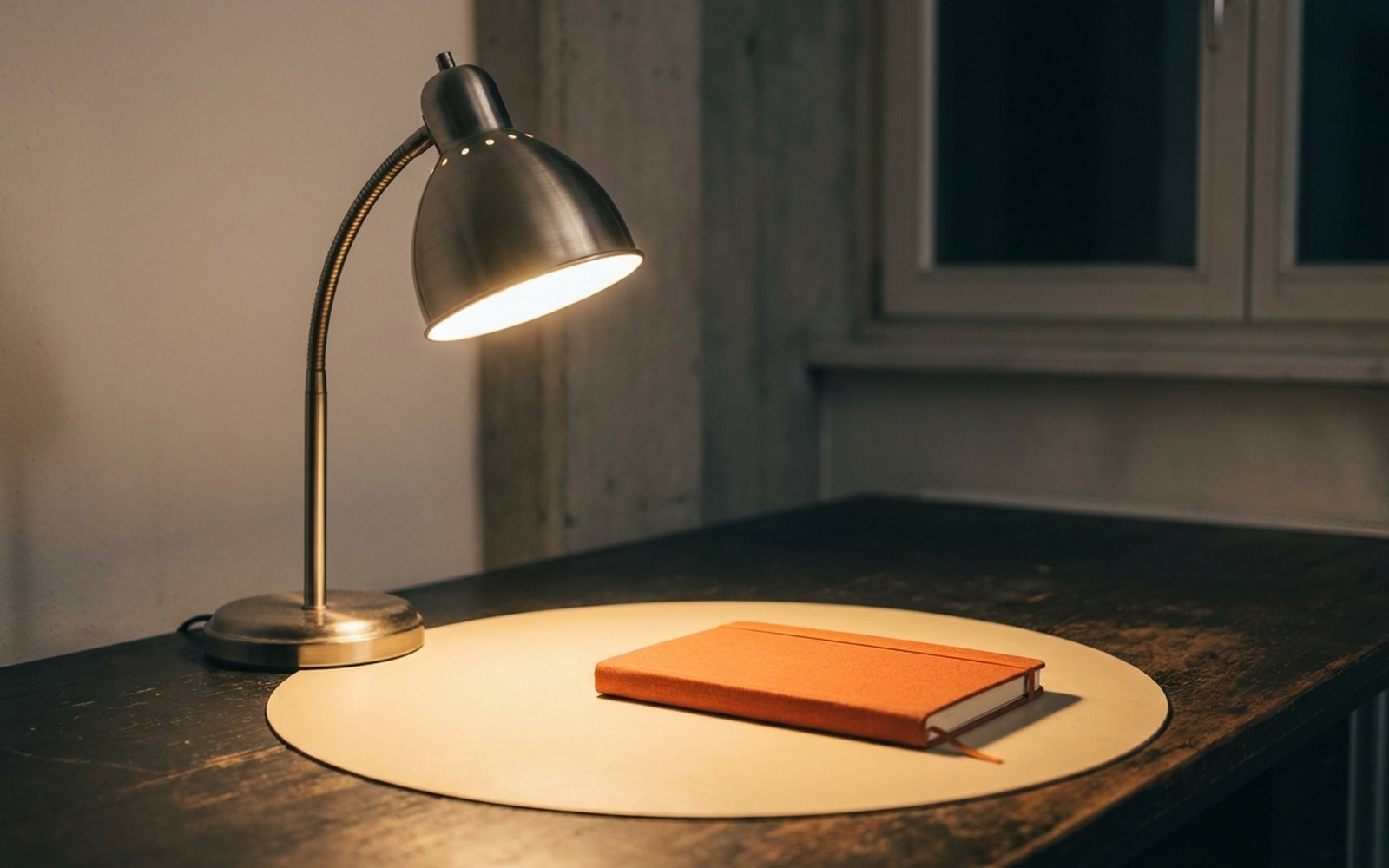 Schreibtischlampe wirft einen Lichtkreis auf einen dunklen Schreibtisch, darin ein oranges Notizbuch