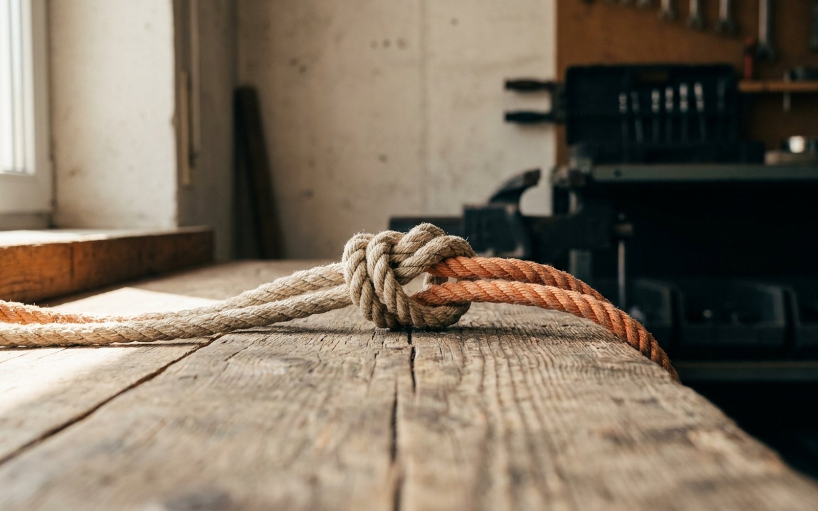 Zwei Seile mit einem festen Knoten auf einer verwitterten Holzbohle, eines davon orange