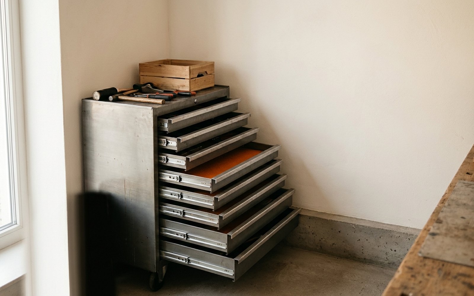 Metallschrank mit sieben unterschiedlich weit ausgezogenen Schubladen, eine mit orangem Filz ausgelegt
