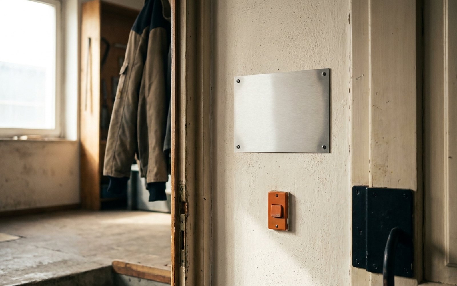 Metallschild ohne Beschriftung an einer verputzten Wand neben einer Tür, darunter ein oranger Klingelknopf