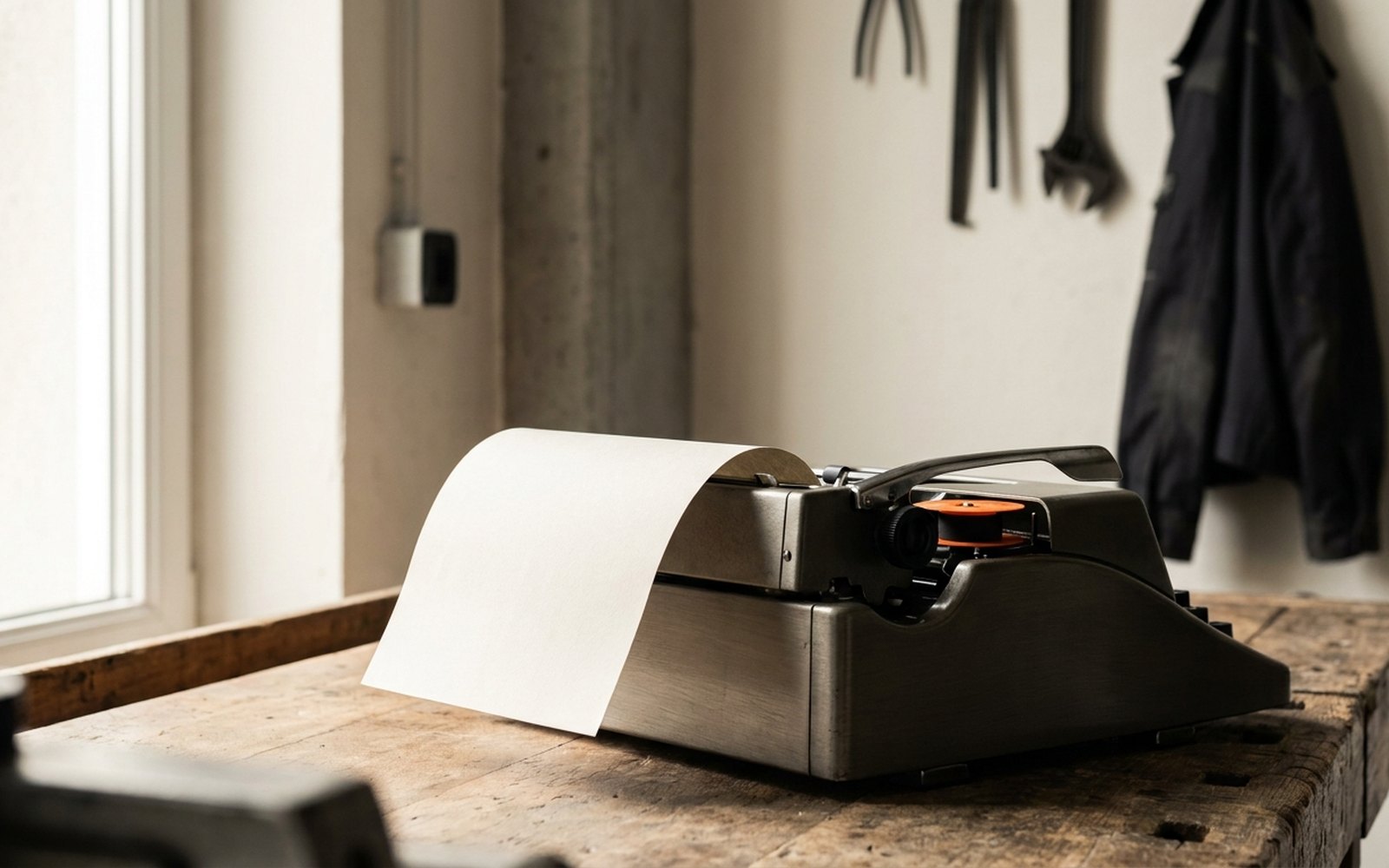 Leeres Blatt in einer alten Schreibmaschine auf einem Schreibtisch, am Gerät eine orange Farbbandspule