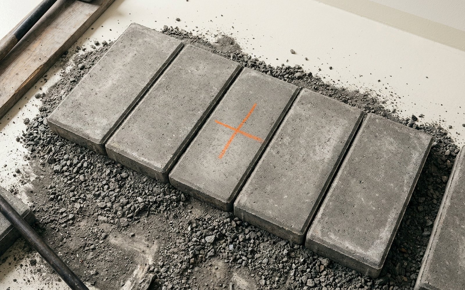 Reihe gleicher Gehwegplatten auf Kies, eine trägt eine orange Kreidemarkierung