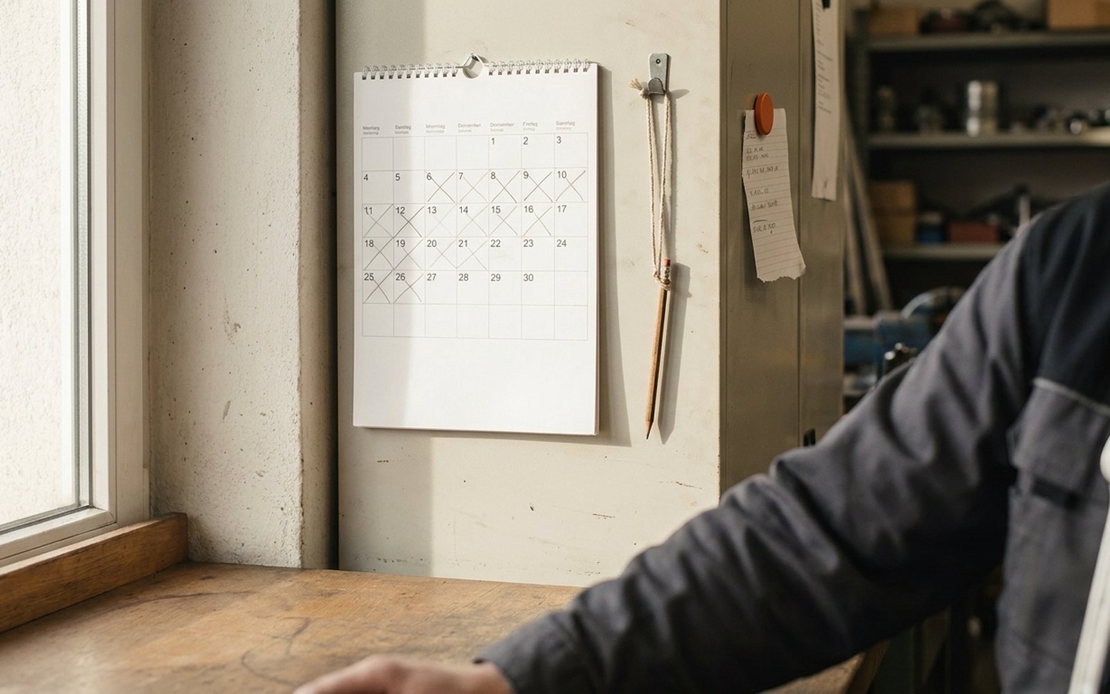 Wandkalender im Werkstattbüro mit eingetragenen Tagen, daneben ein Bleistift an einer Schnur