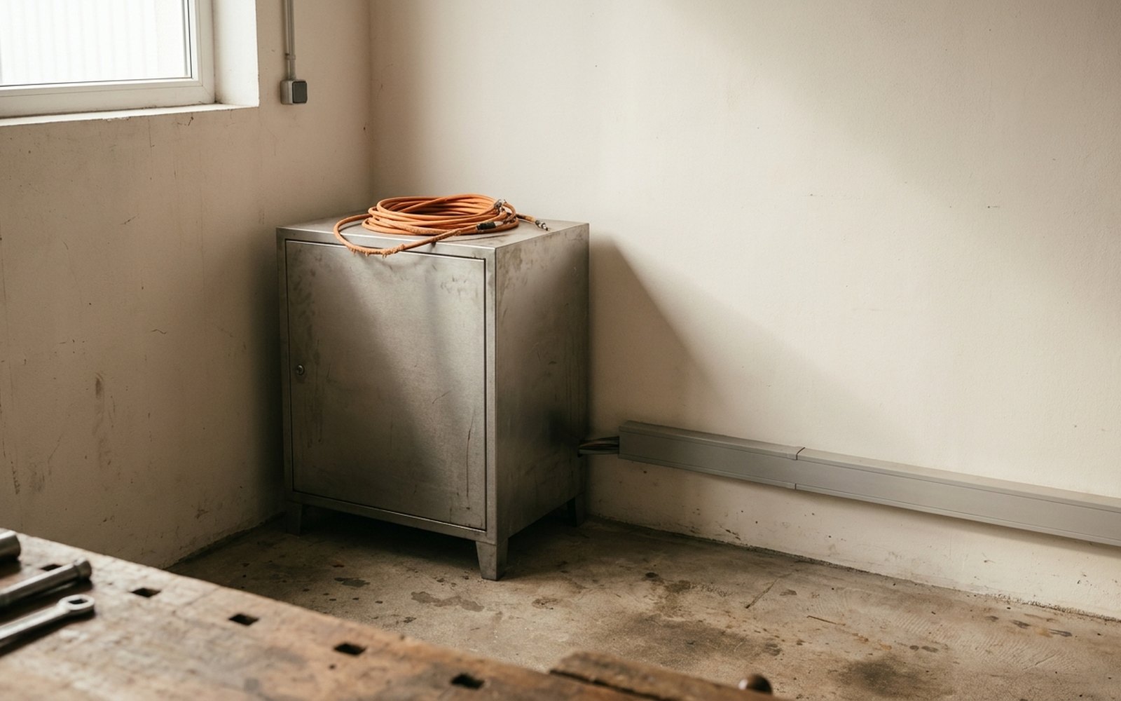 Grauer Technikschrank in einem Technikraum, oben liegt ein aufgerolltes oranges Netzwerkkabel
