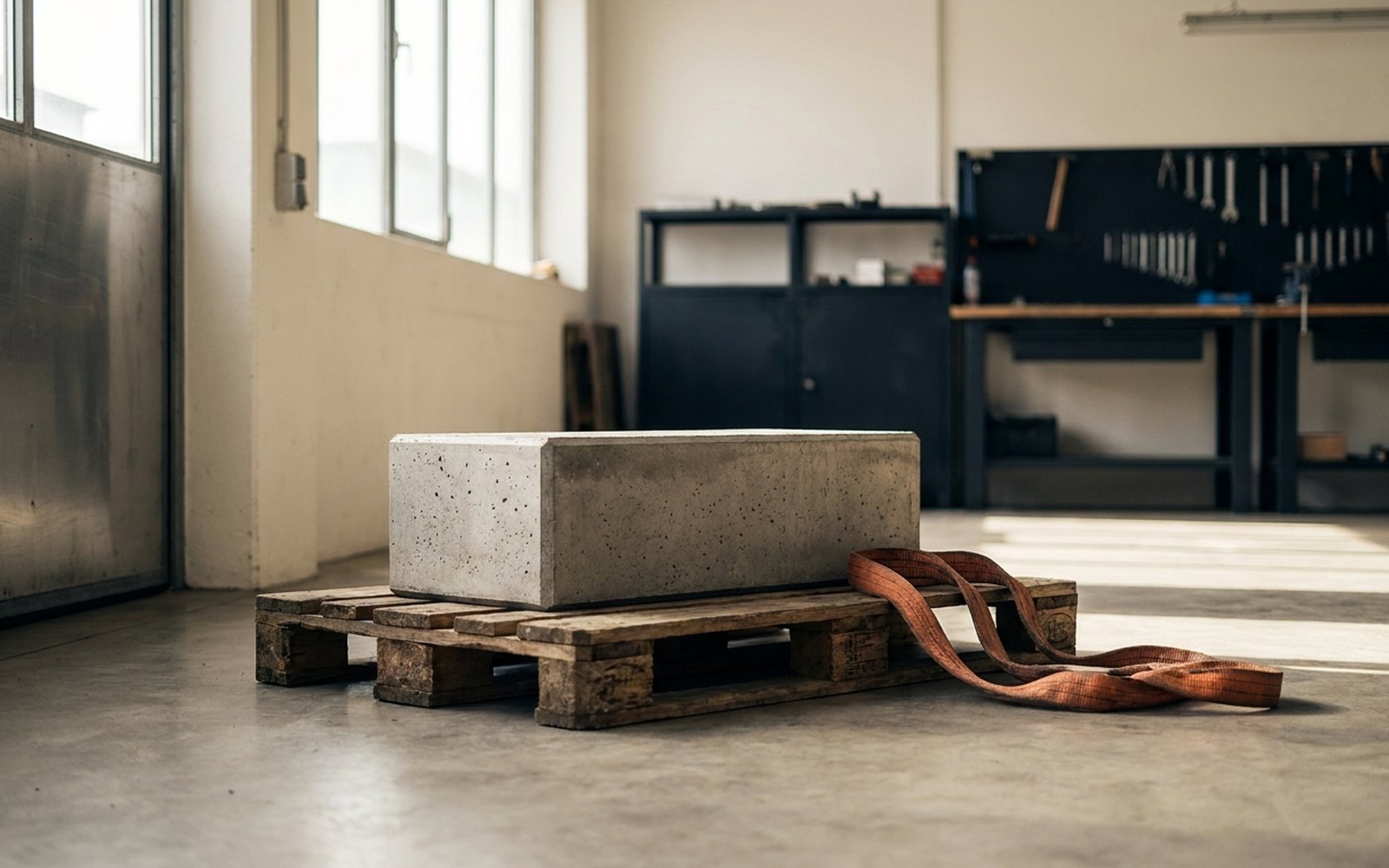 Massiver Betonblock auf einer Palette in einer leeren Werkstatt, daneben ein oranger Hebegurt