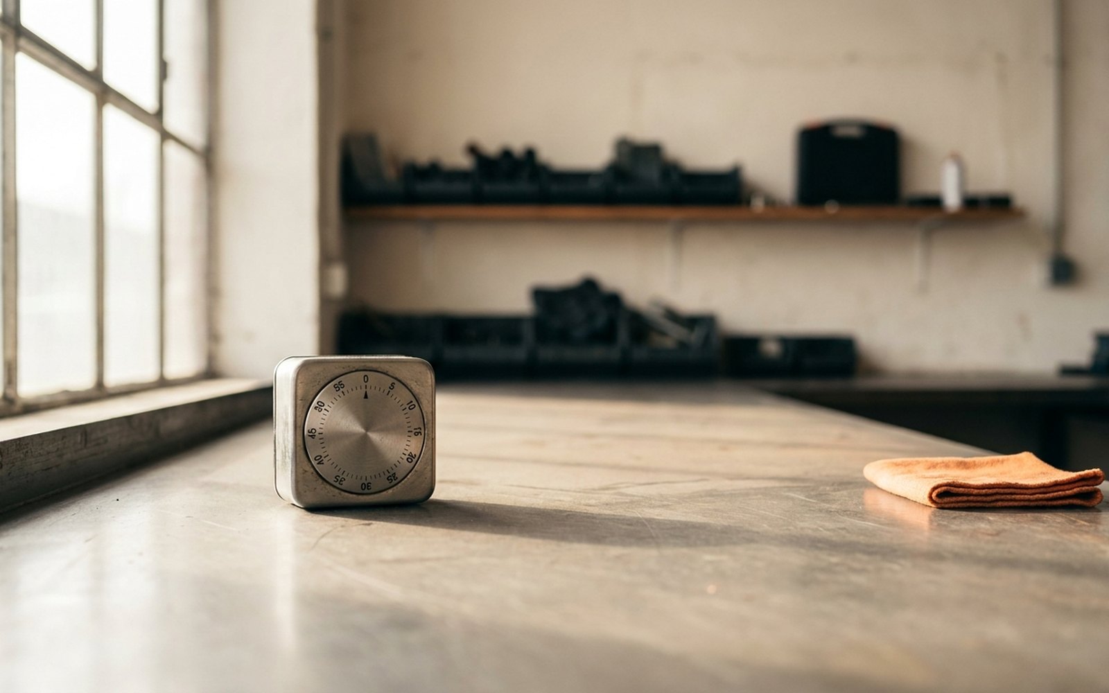 Mechanische Küchenuhr auf einer leeren Stahltheke, rechts ein zusammengelegtes oranges Tuch