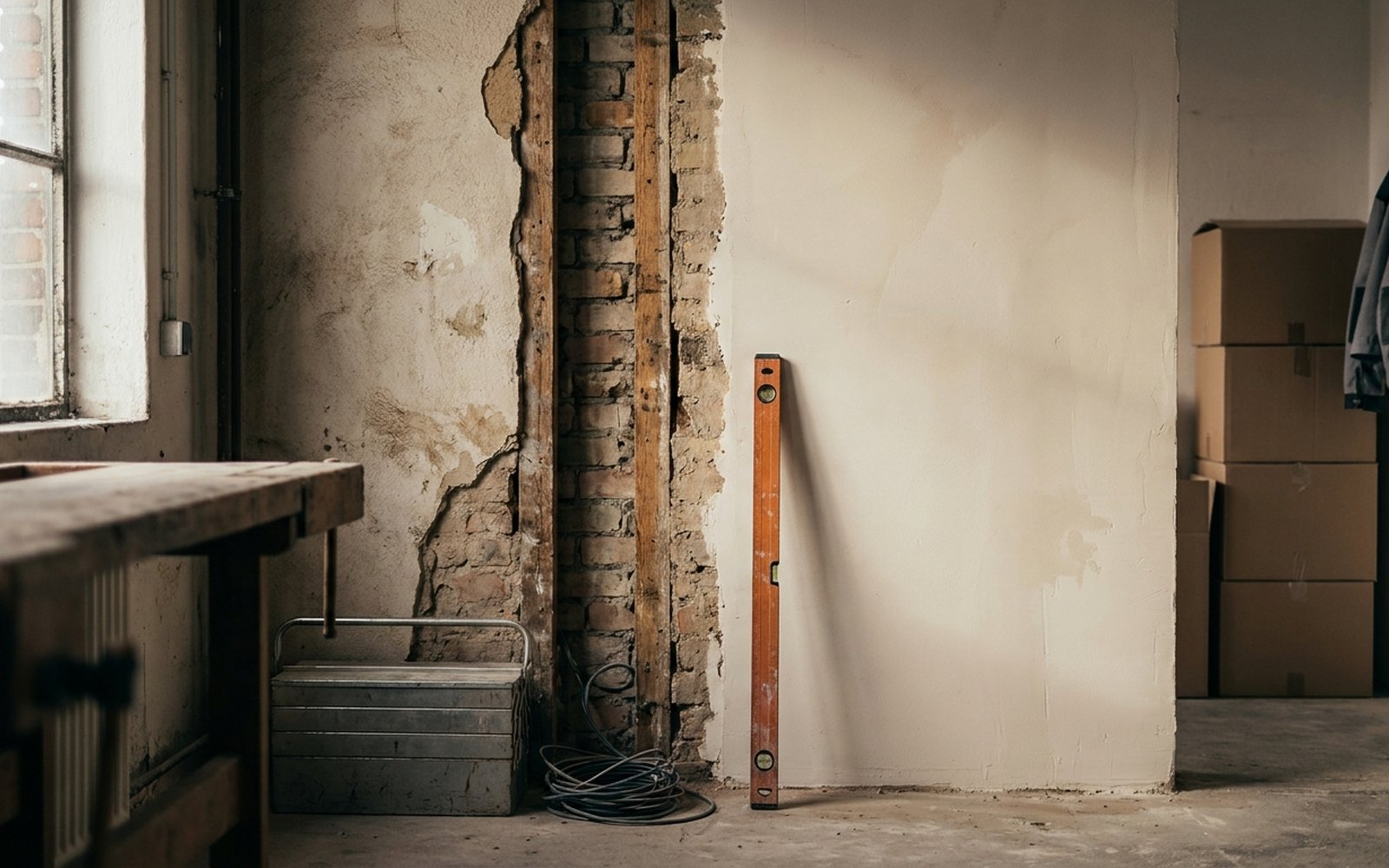 Halb abgeschlagene, halb neu verputzte Wand in einem Gewerberaum, an der Naht lehnt eine orange Wasserwaage