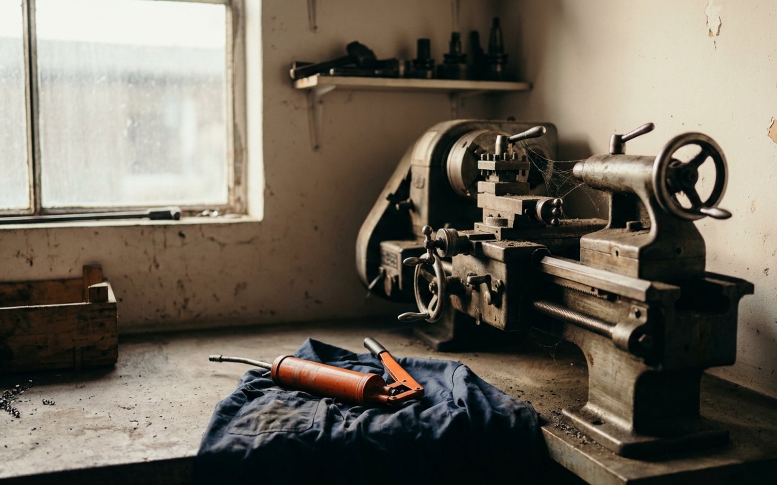Verstaubte Maschine in einer Werkstattecke mit Spinnwebe am Griff, daneben eine orange Fettpresse