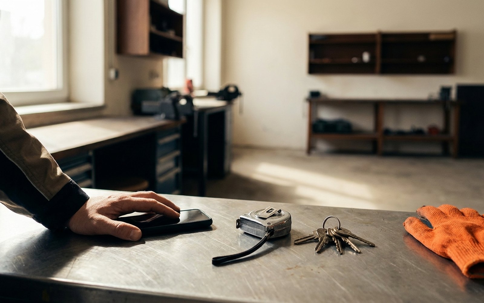 Hand liegt auf einem Smartphone auf einer Werkstatttheke, daneben Maßband und Schlüsselbund